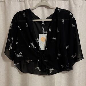 Black Sheer Butterfly Print Women's Short Sleeve Tie Shawl